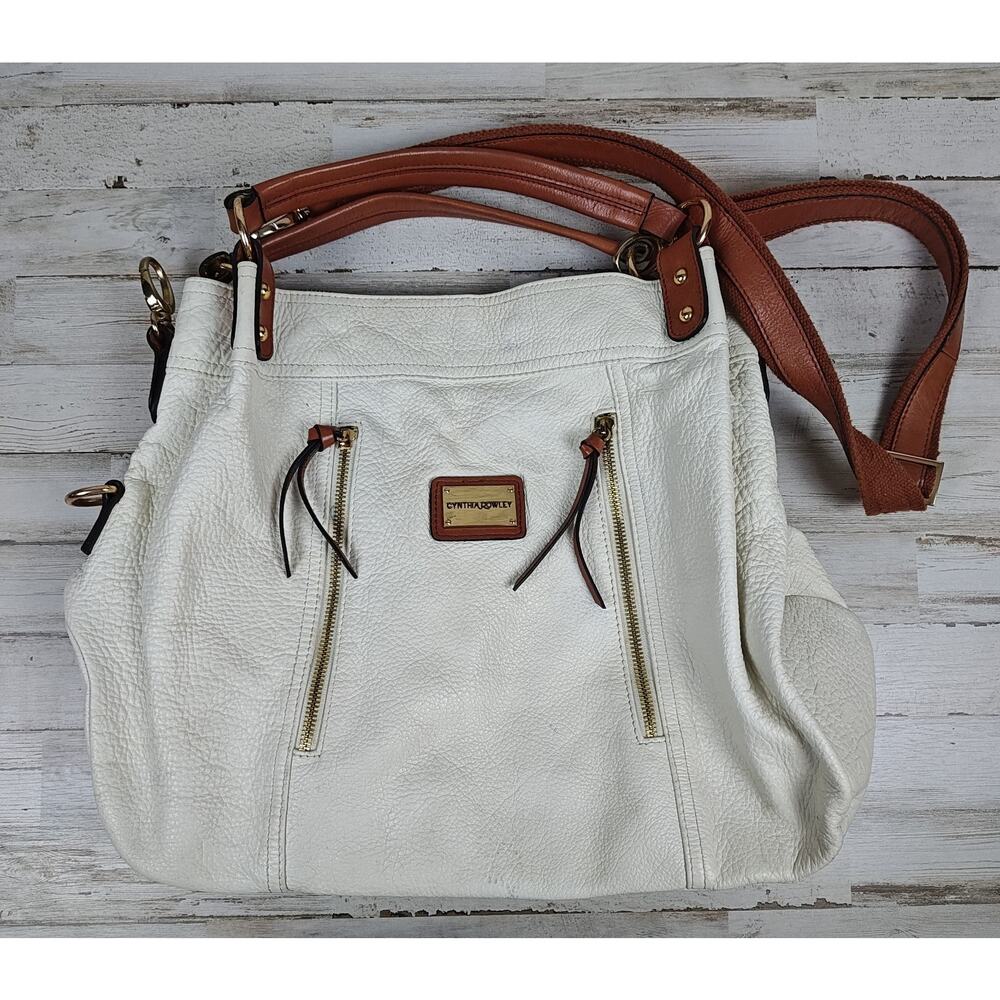 CYNTHIA ROWLEY XL Ivory/Brown Pebbled Leather Convertible Satchel/Shoulder Bag
